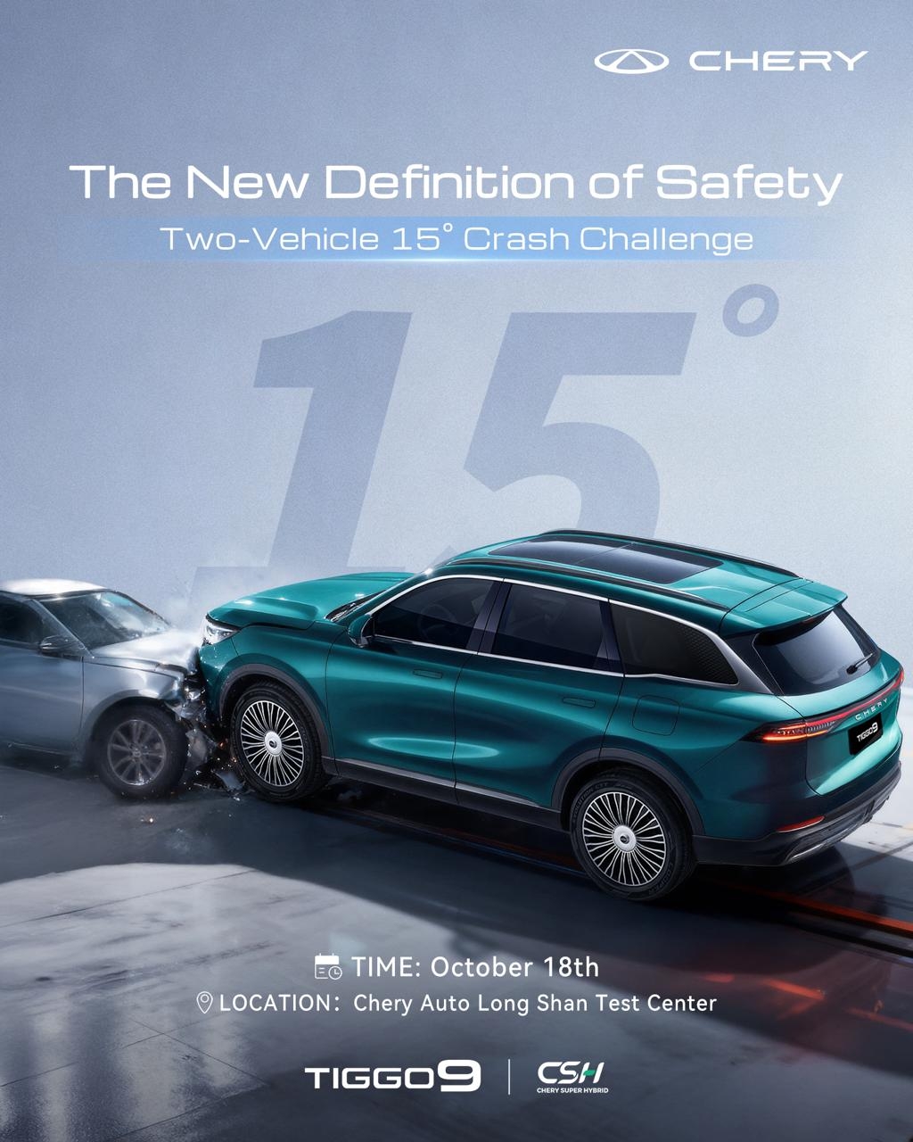 Vlajkový model Chery TIGGO 9 absolvuje na Brand User Summit 2025 extrémní test čelního nárazu dvou vozidel s malým překrytím pod úhlem 15 stupňů.